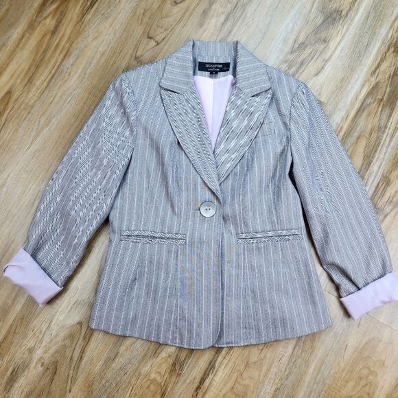 🐞Signature by Larry Levine Gray & Pink Pinstripe Blazer Size 10 - Picture 2 of 15